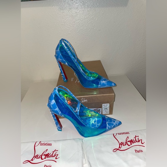 CHRISTIAN LOUBOUTIN DEBOUT CONDORAPIK 100 VINYL & PATENT PUMP LIN BLUE SPLASH - Picture 4 of 13